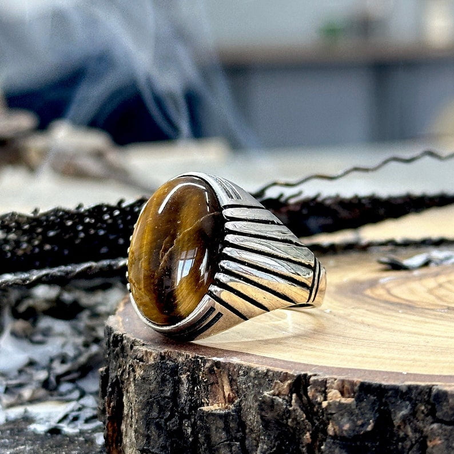 Bague Il de Tigre Ovale, Bague en Argent Fait Main pour Homme