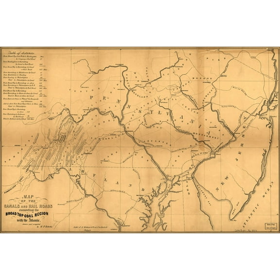 24"x36" Gallery Poster, Map Broad Top Coal Region canals railroads 1840