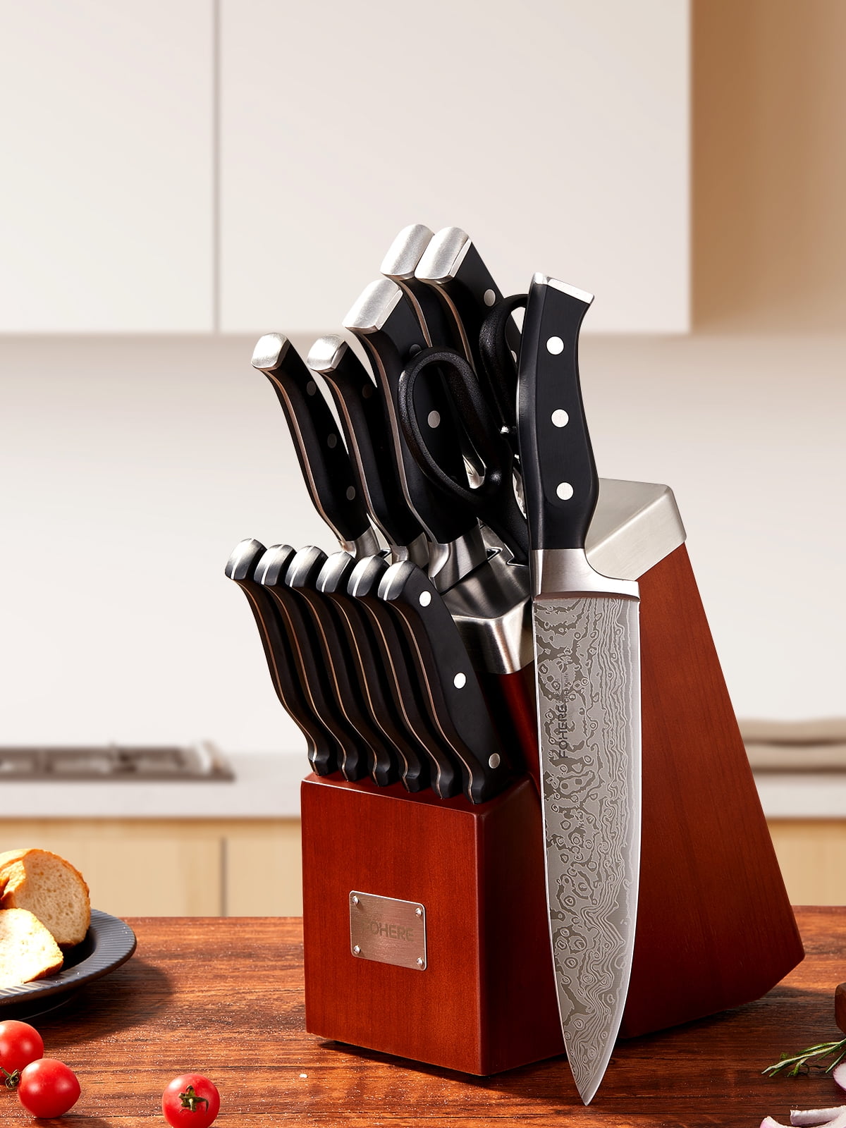 FOHERE 14 Pcs Knife Set with Self-sharpening Technology, Waved Texture Kitchen Knives, Stainless Steel