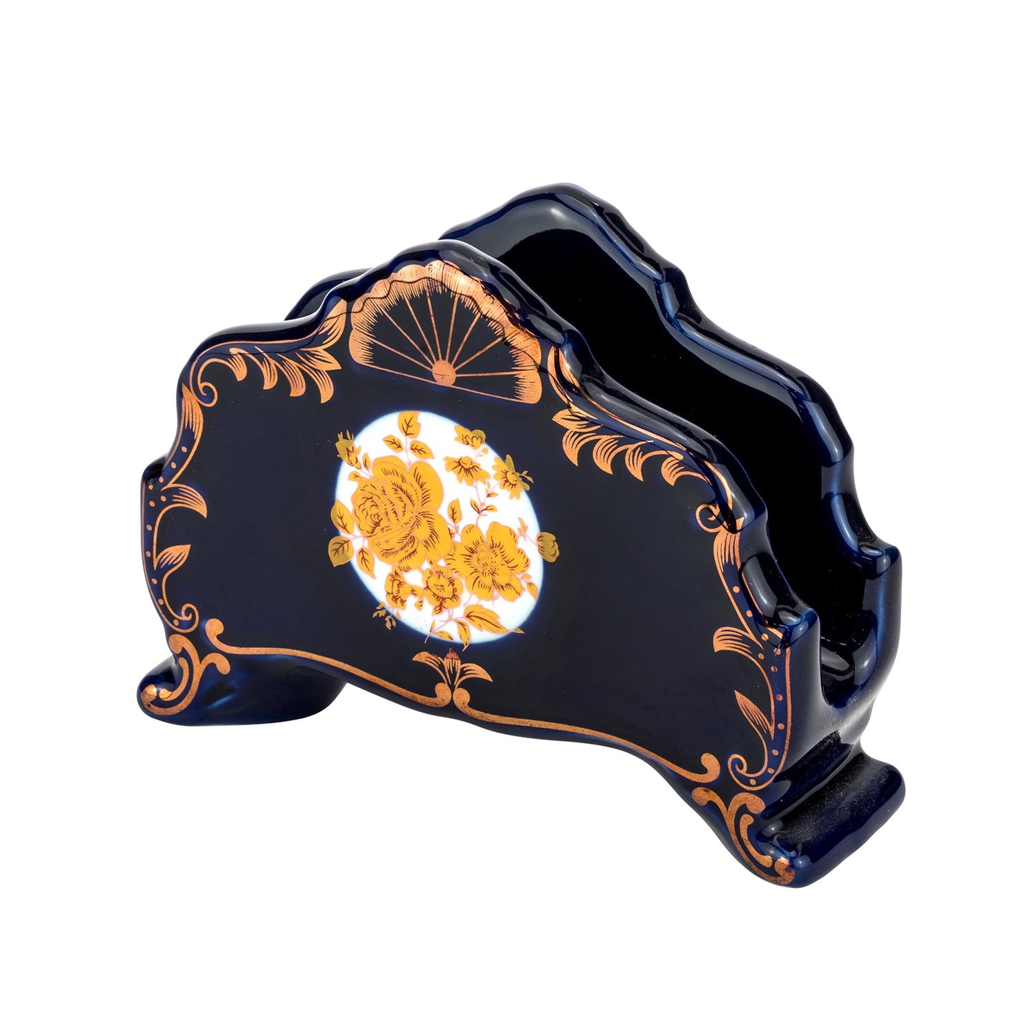 Handcrafted Porcelain Cobalt Blue Napkin Holder with Gold Floral