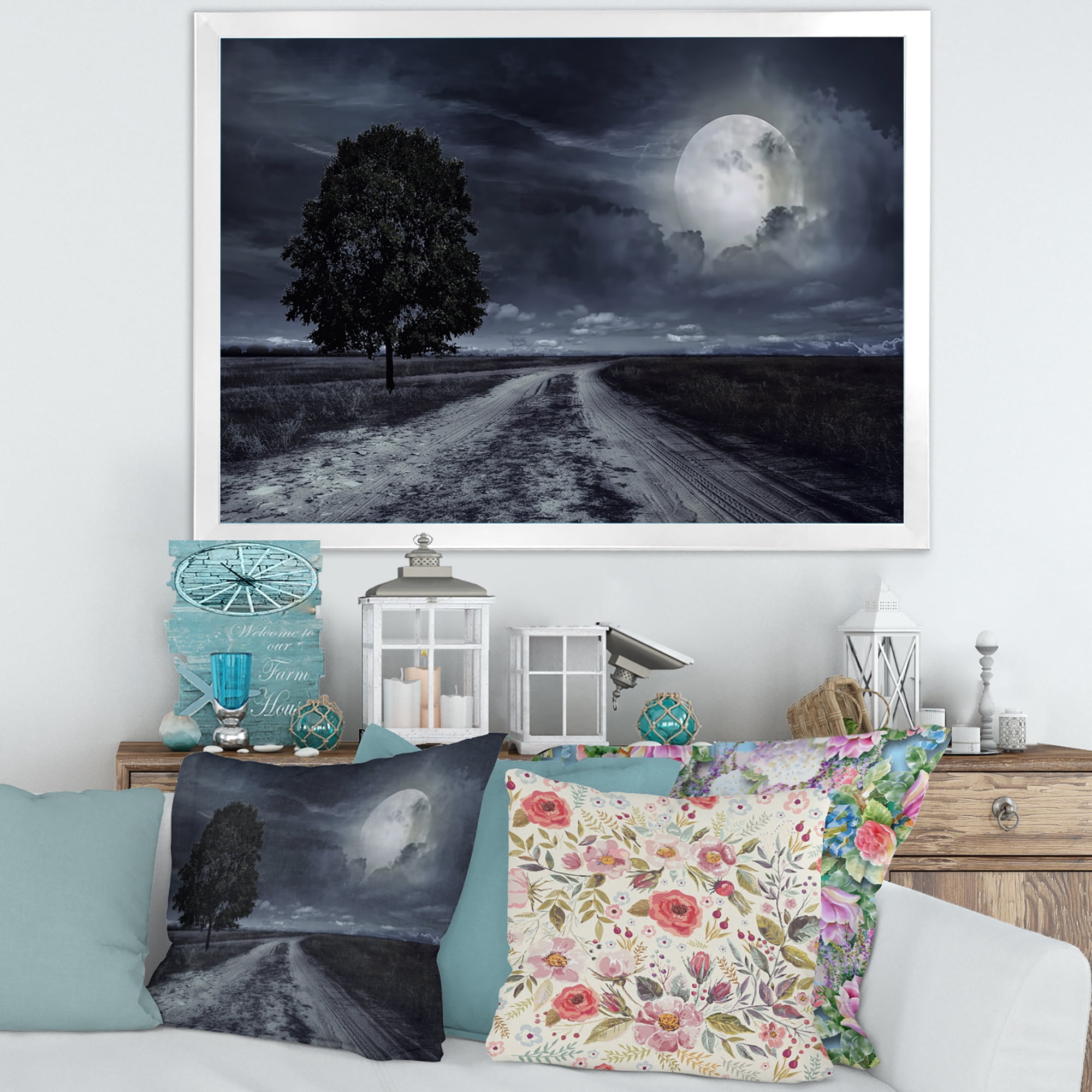 Designart 'A Full Moon Over Paved Road' Nautical & Coastal Framed Art Print