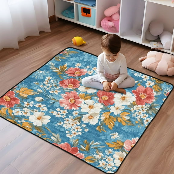 WOBOGO Red and White Nostalgic Flowers Baby Playmats Extra Large Waterproof Rollable Activity Pads for Toddlers 50×50inch