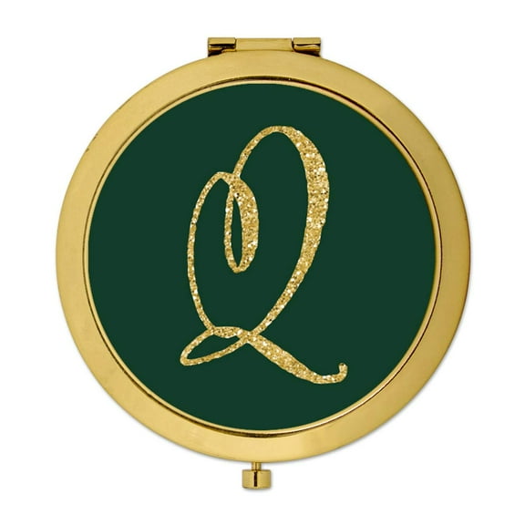 Koyal Wholesale Gold Compact Mirror Bridesmaid's Wedding Gift, Emerald Green, Monogram Letter Q, 1-Pack