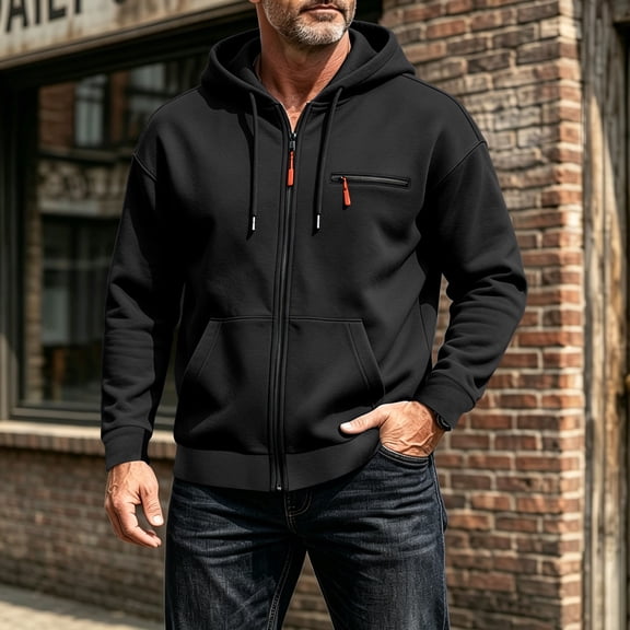 fnnxeal Mens Sweatshirts Solid Long Sleeve Fall Zipper Casual Hoodie Black Sweatshirts for Men Size L