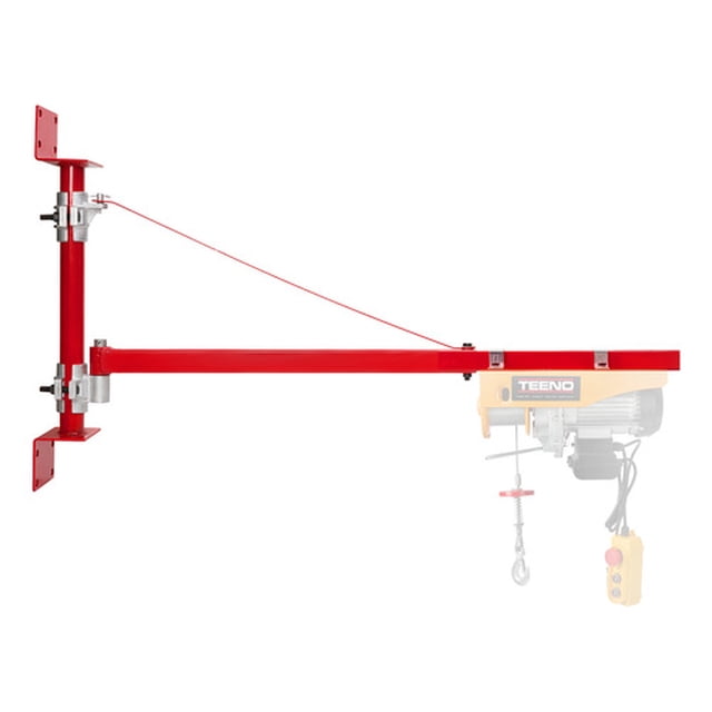 base para polipasto con giro de 180 capacidad 300 kg soporte de acero pintado rojo, vista lateral centrada con brazo principal horizontal 75×4.8 cm y tubo vertical 75×5 cm, placas de montaje y abrazaderas visibles, cable tensado hacia el extremo y polipasto mostrado a modo ilustrativo; incluye tornillos y abrazaderas, compatible con polipastos de 100–300 kg y a menudo usado también para montaje temporal de aparejos de izaje ligeros.