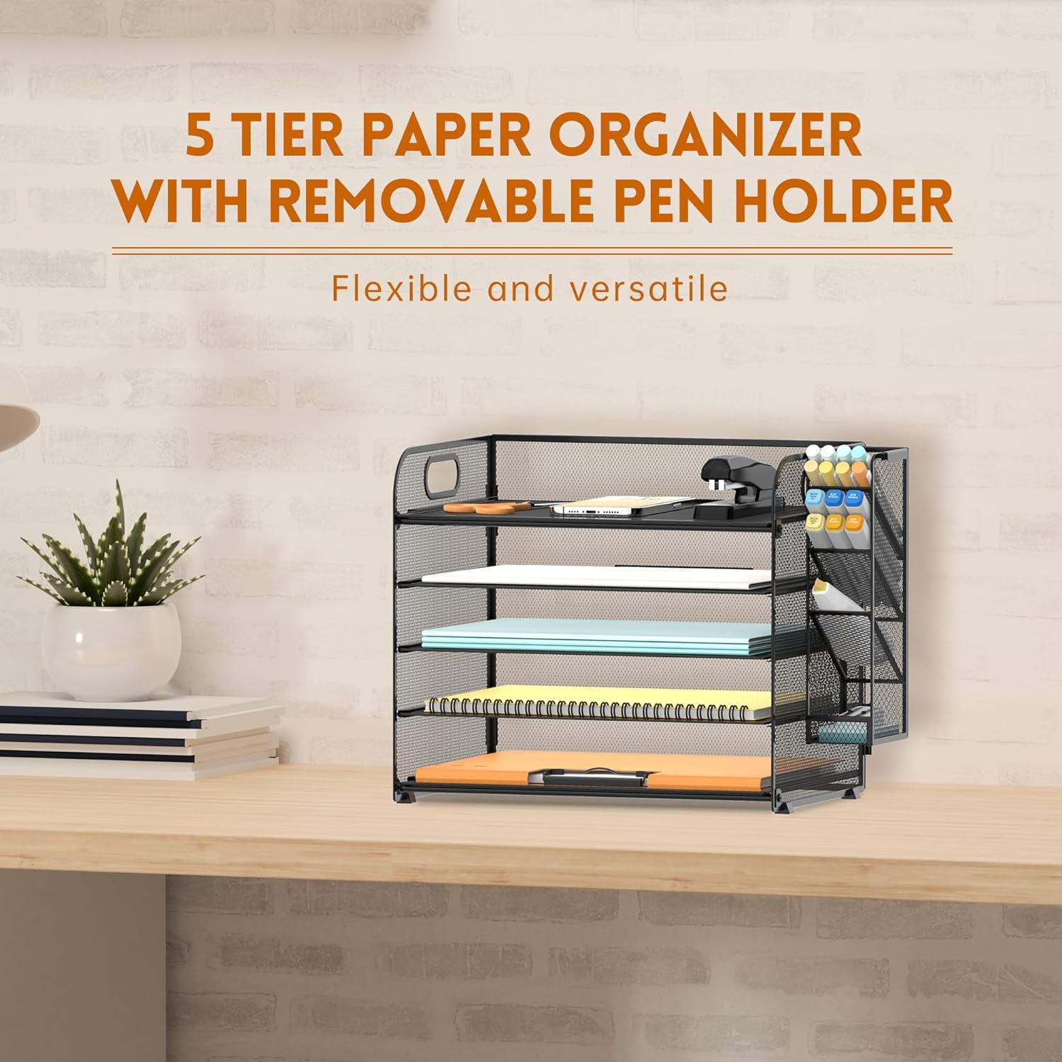 INTIGE 5 Tier Desk File Organizer with Handle and Pen Holders, Metal Paper Organizer for Office Supplies, Black, 1 Piece