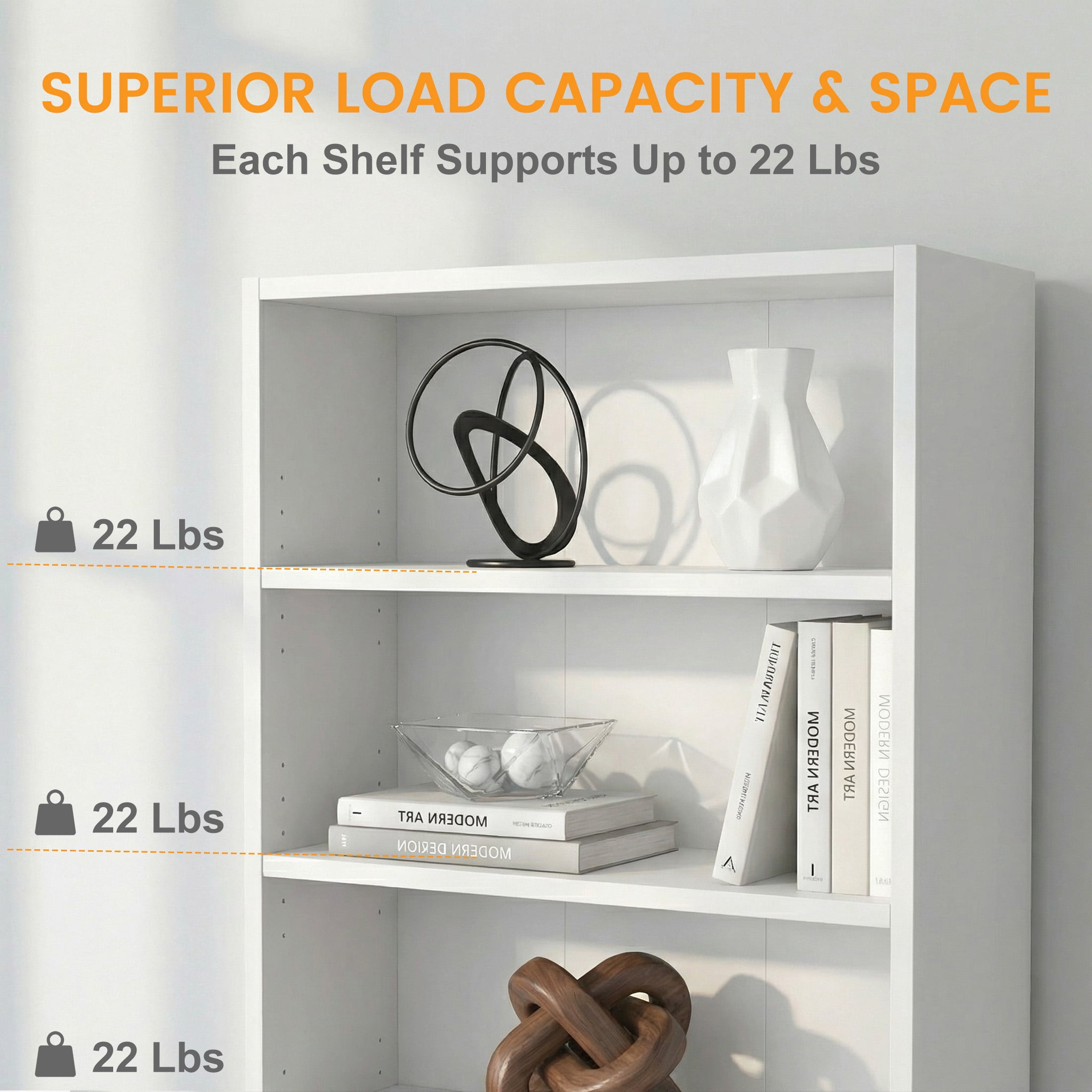 CONCETTA 5 Shelf Bookcase, 53 Inch Tall Floor Standing Open Bookshelf for Home Office and Living Room, White