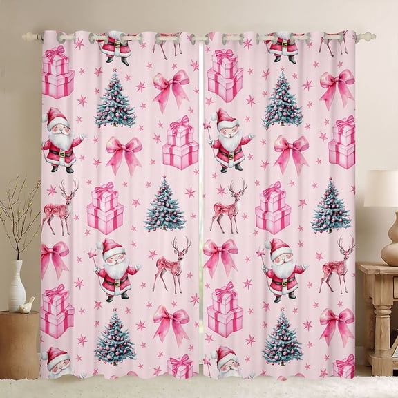 Feelyou Merry Christmas Child Black Out Curtains, Pink Princess Bowknot Curtains Pack of 2 (42x63 Each), Reindeer Santa Claus Bedroom Curtains, Blackout Curtains Room Decor
