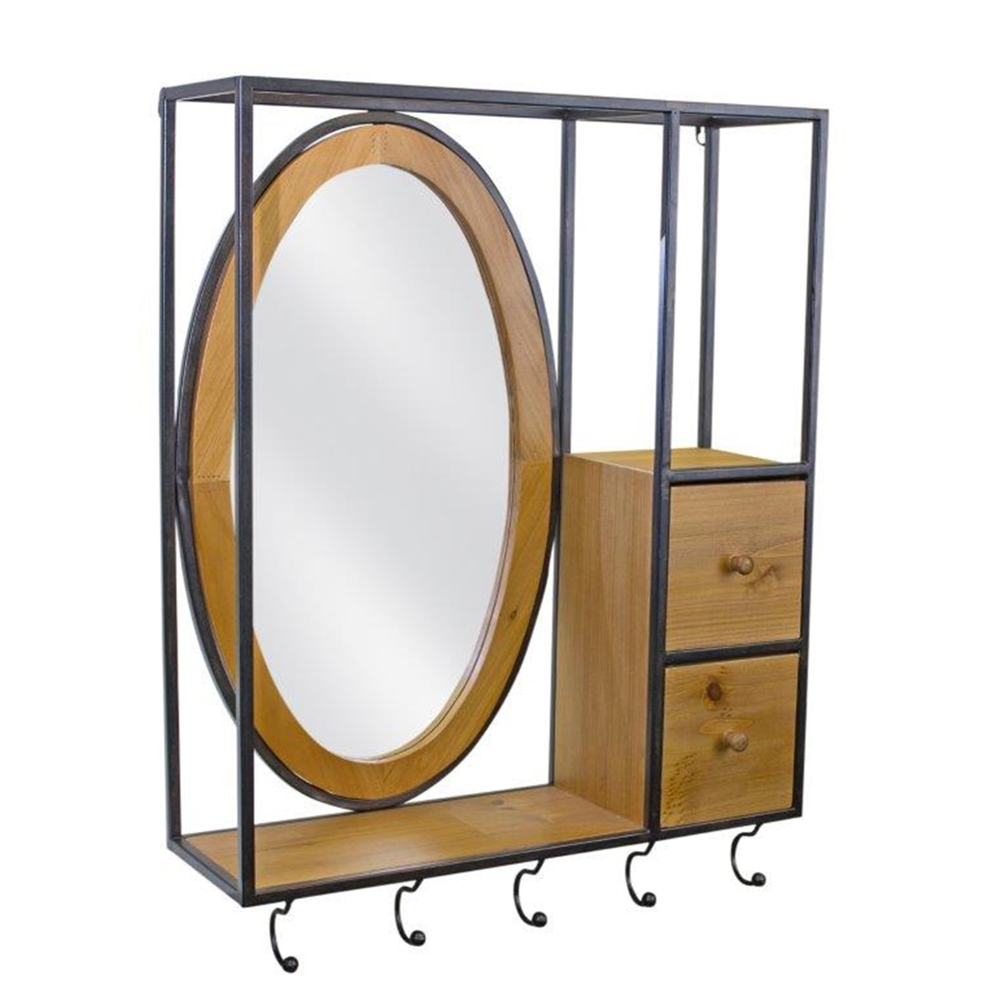 Wall Mirror with Shelf and Hooks 22.5"L x 28.75"H Iron/Wood