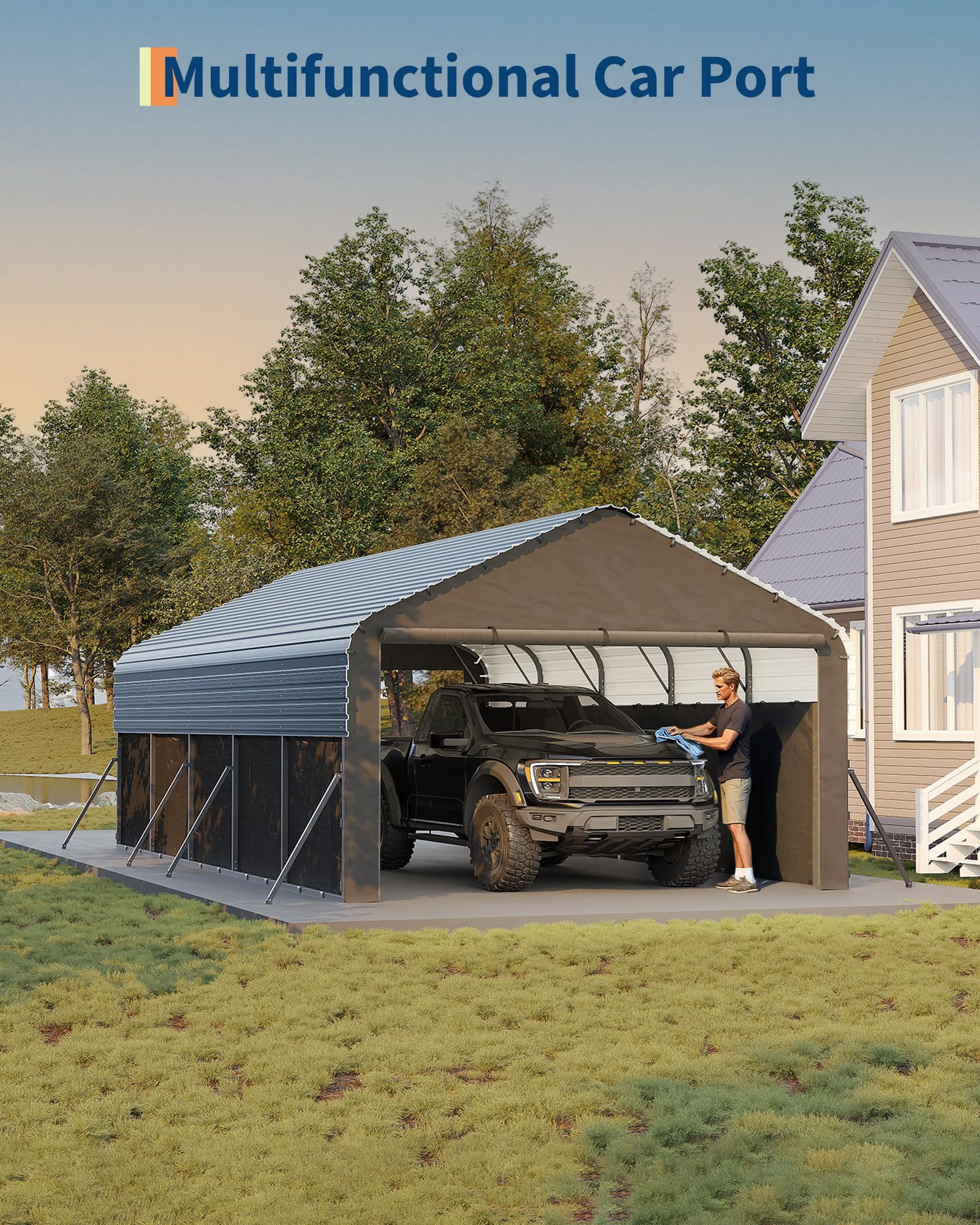12'X24'X9' Metal Carport, Enclosed Car Ports with Heavy Duty Steel Frame and 220 g Tarp, All-Weather Carport for Full-Size Pickup Trucks, Bass Boats, and Tractors
