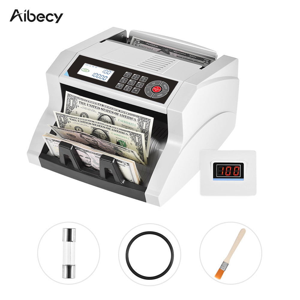 Aibecy Desktop Automatic/Manual Cash Banknote Bill Money Multi-Currency Counter Counting Machine LCD Display Built-in UV MG MT IR DD Detection with External LED Display for USD/JPY/CAD/Euro/GBP/AUD 