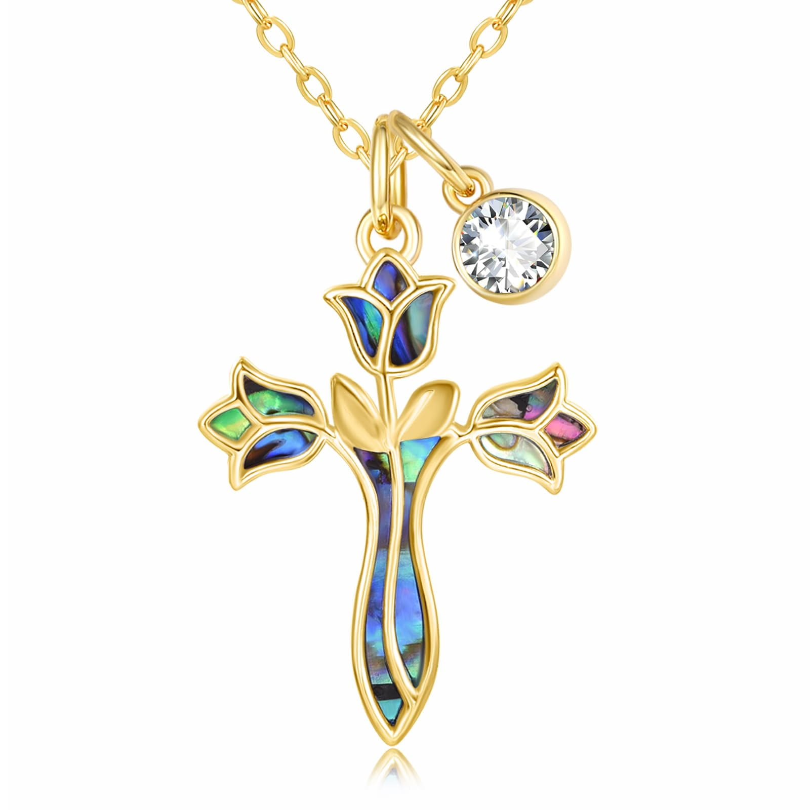 TANGPOET 925 Sterling Silver April Birthstone Cross Necklace for Women