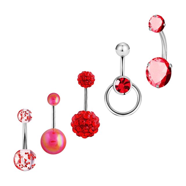 5x Piercing Ombligo, Piercing Ombligo, 10 Mm, Corto, Acero Inoxidable, Trendy, 1,6 Mm, para Mujer, Piercing Ombligo Curvo, Piercing Ombligo Rojo