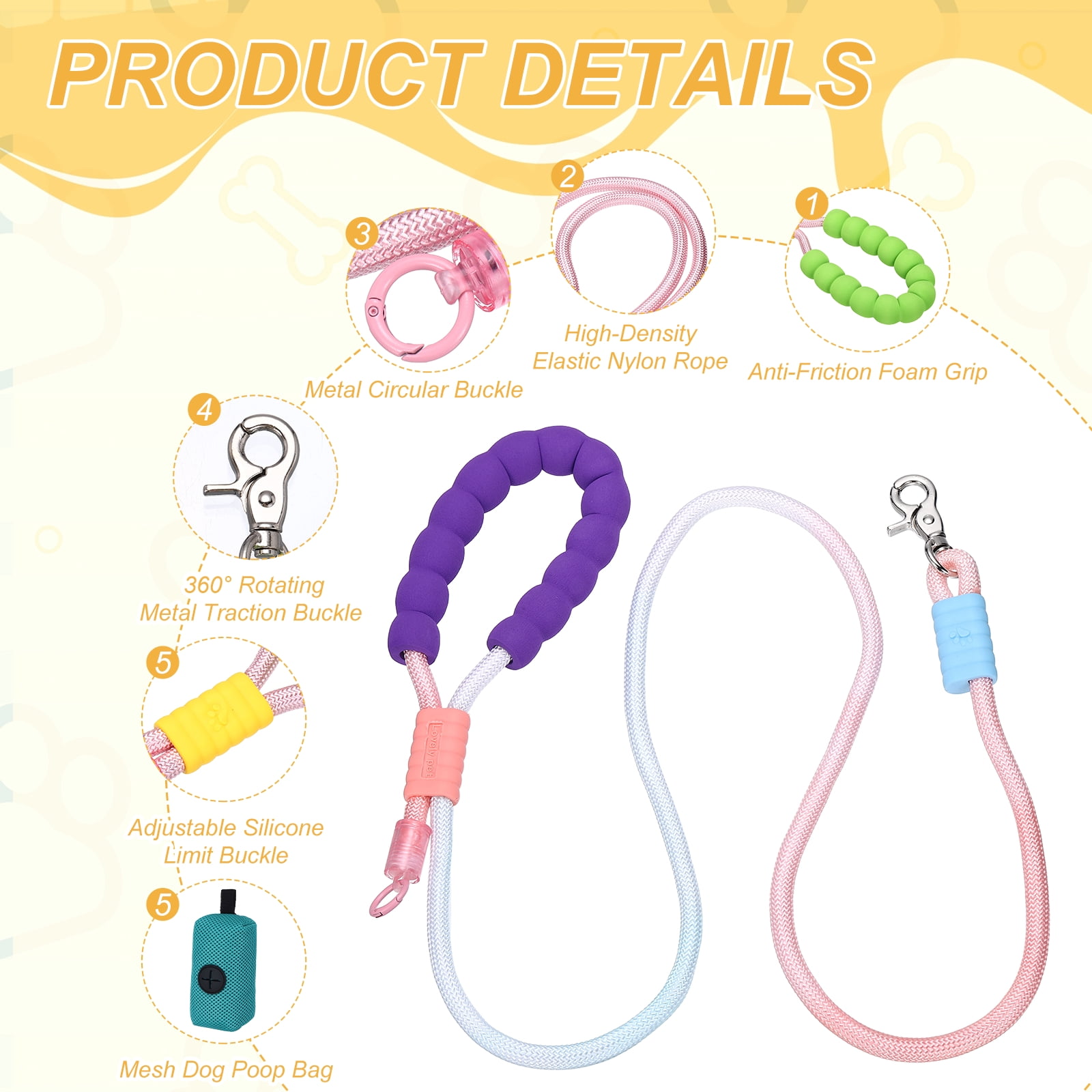 Uxcell Dog Leash with Padded Hands Free, 6.6ft/2m Adjustable Dog Training Leash, No Pull Heavy Duty Rope(Green Purple, Blue Bag), Intended for Large Medium Pet Running/Hiking/Walking