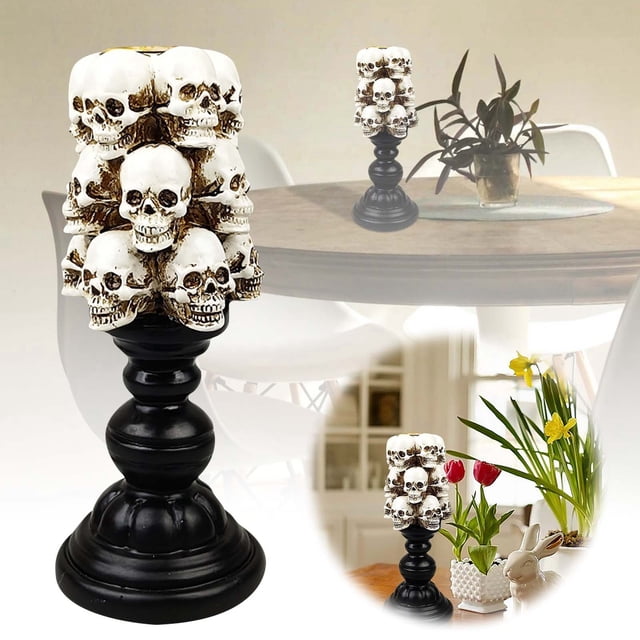 BKER Candle Holder Gothic Resin Skeleton Head Candlestick Desktop Tray For Halloween Home Bar Party