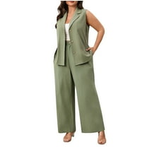 Oplxuo Women Suits 2 Piece Sets Button Lapel V Neck Sleeveless Blazer Vest and Wide Leg Pants Suit Matching Outfits