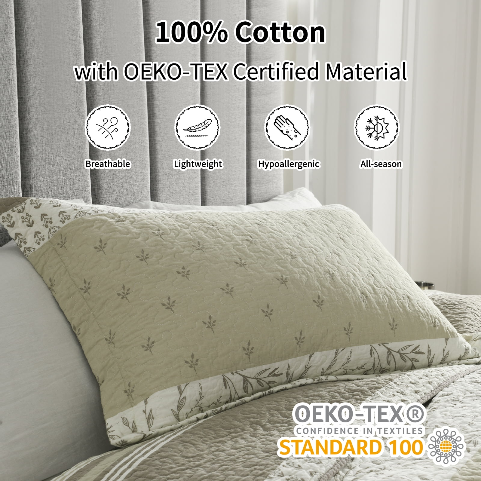 Bedduvit King Size Quilt Set - 100% Cotton Vintage Striped Framhouse Beige Brown King Quilted Bedding Set, Lightweight Reversible Soft Botanical Floral Print Bedspread, Quilts for King Bed, 98x106