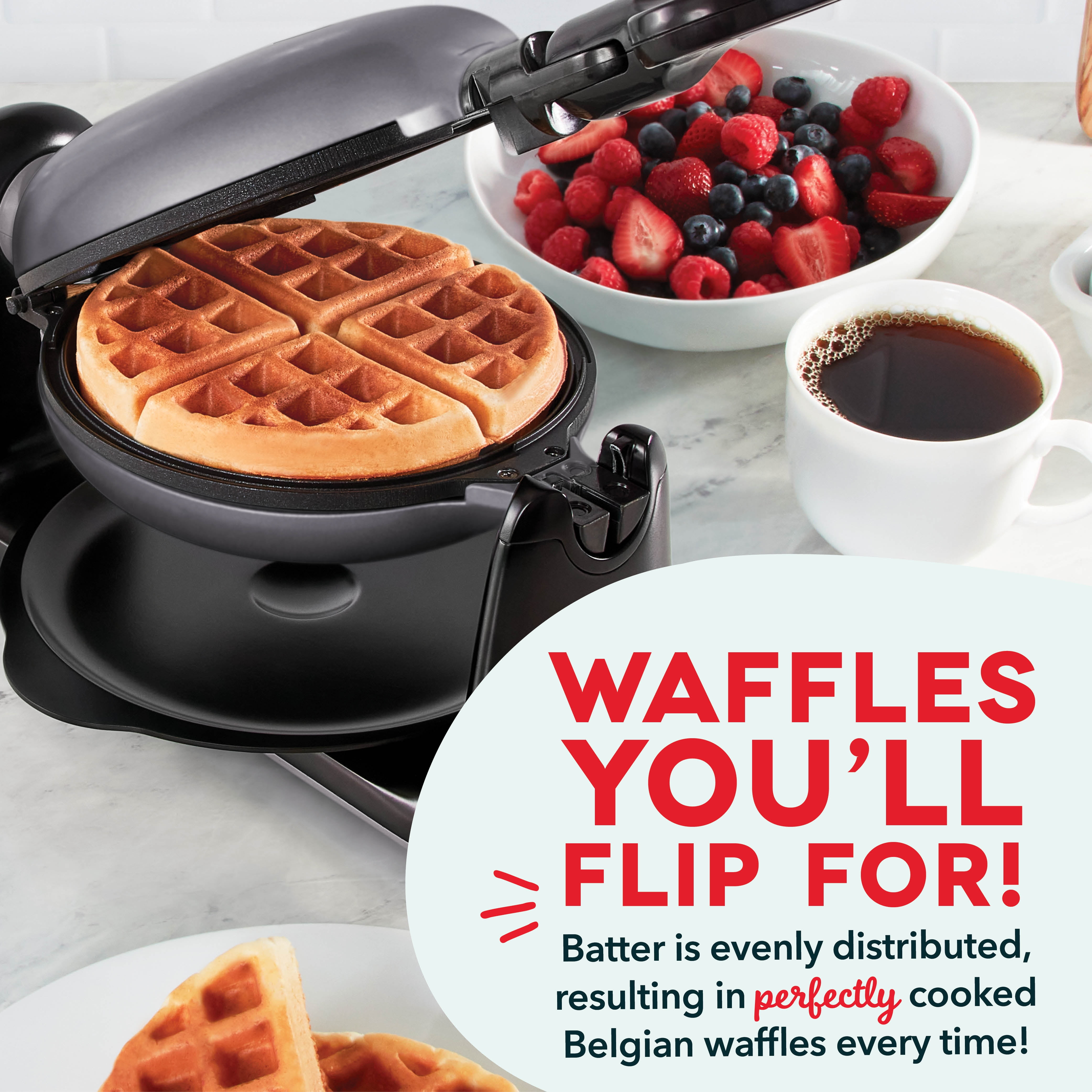Dash Flip Belgian Waffle Maker – 1” Thick Waffle Mold, Nonstick Waffle Iron with Quick Heat-Up, Surface - Rotating Belgian Waffle Maker for Kids and Families, Just Add Batter, Black