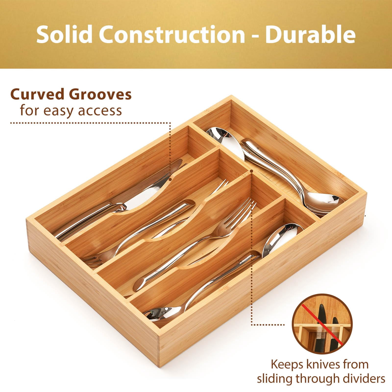 Bamboo Kitchen Drawer Organizer Tray, Silverware Utensils Holder for Small Drawers, Wooden Flatware Cutlery Knives Caddy, Space Saving Design