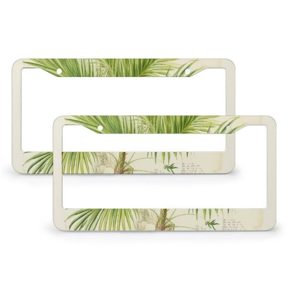 2 PCS Green Palm Tree License Plate Cover Vintage Green Leaf Funny License Plates Quality Aluminum 2 Round Holes Fits All Car