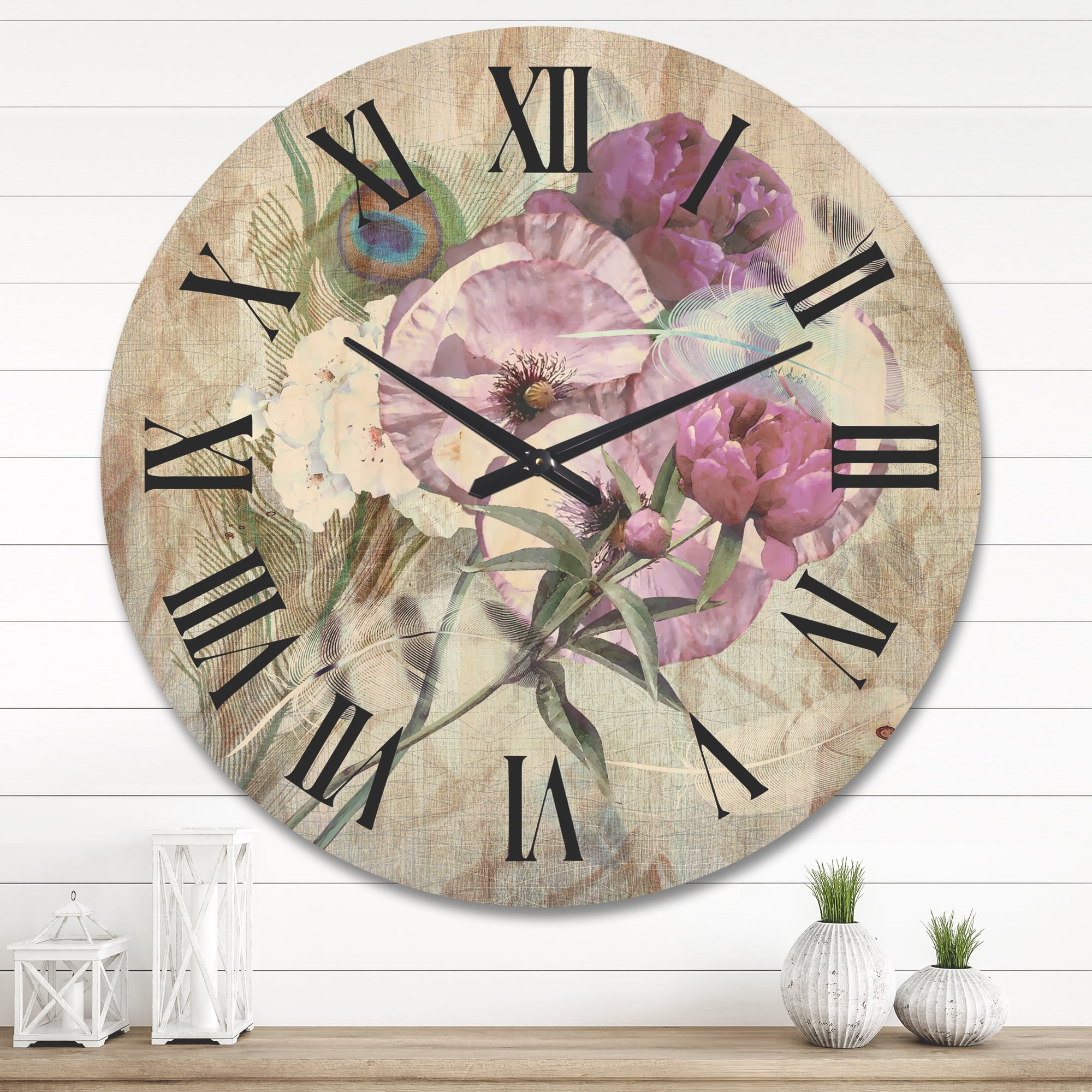 Designart 'Iris Bouquet Floral Design With Peacock Feather' Traditional Wood Wall Clock
