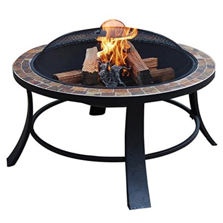 Aleko Fp012 Compact Round Mosaic Tile Slated Top Fire Pit