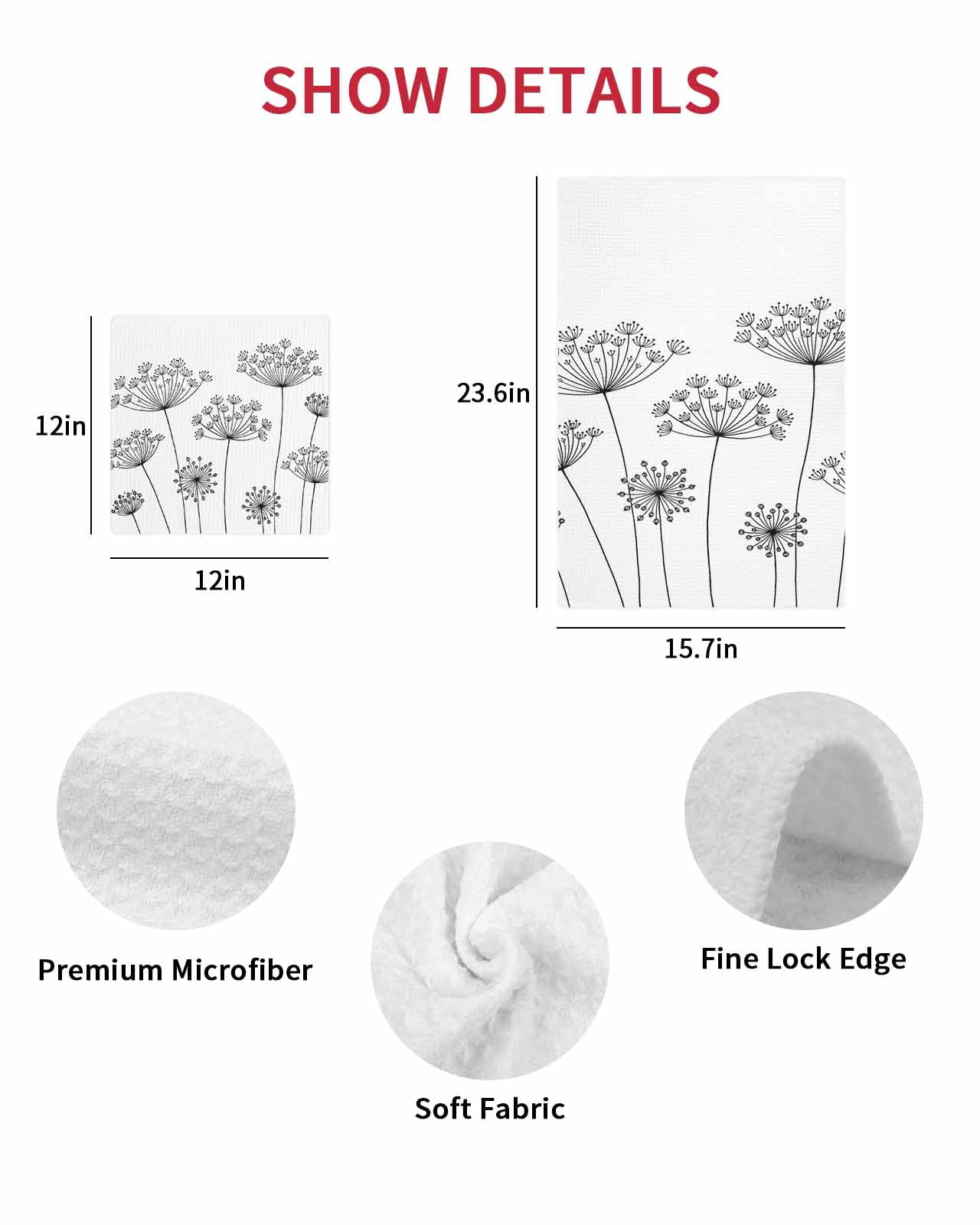 Black Dandelion Kitchen Dish Towels for Drying Dishes Set of 3, Spring Country Modern Minimalist Flower Waffle Weave Microfiber Hand Tea Bathroom Towels Quick Dry & Absorbent Towel 12x12