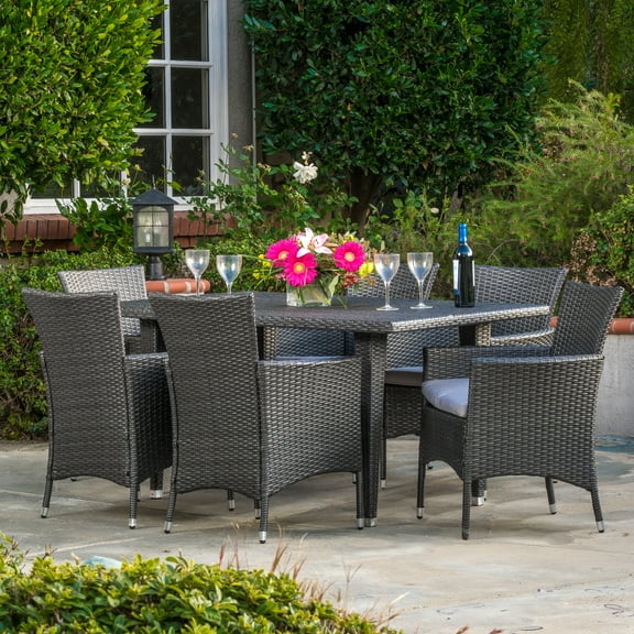 Ahulua Outdoor 7-Piece Wicker Dining Set with Cushions, Grey, Silver