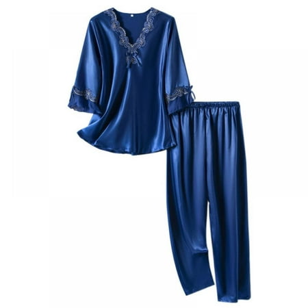 

Xmarks Women s Lace Neck 3/4 Sleeve Silk Pajama Set Short Sleeve 2 Piece Sleepwear Dark Blue L