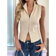 thumbnail image 4 of Womens Zip Up Sweater Vest Sleeveless Ribbed Knit V Neck Collared Striped Tank Tops Apricot S, 4 of 9