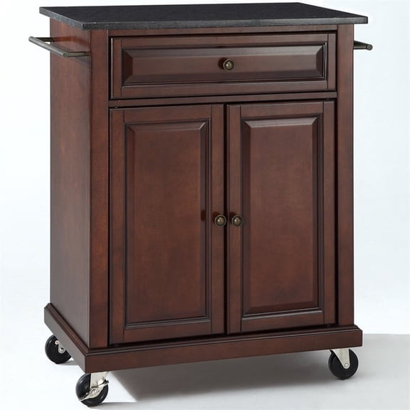 Pemberly Row Solid Black Granite Top Mahogany Kitchen Cart