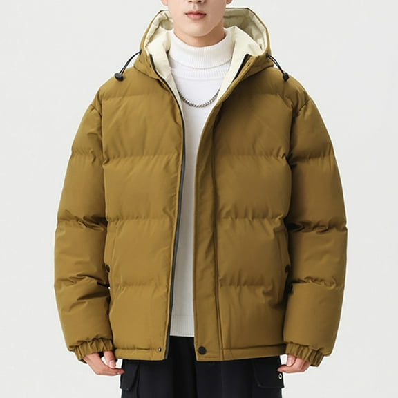 Tawop Men's Jacket Thick Cotton Long Sleeve Zip with Hood Pockets Casual Solid Winter Jackets for Men,Army Green,L