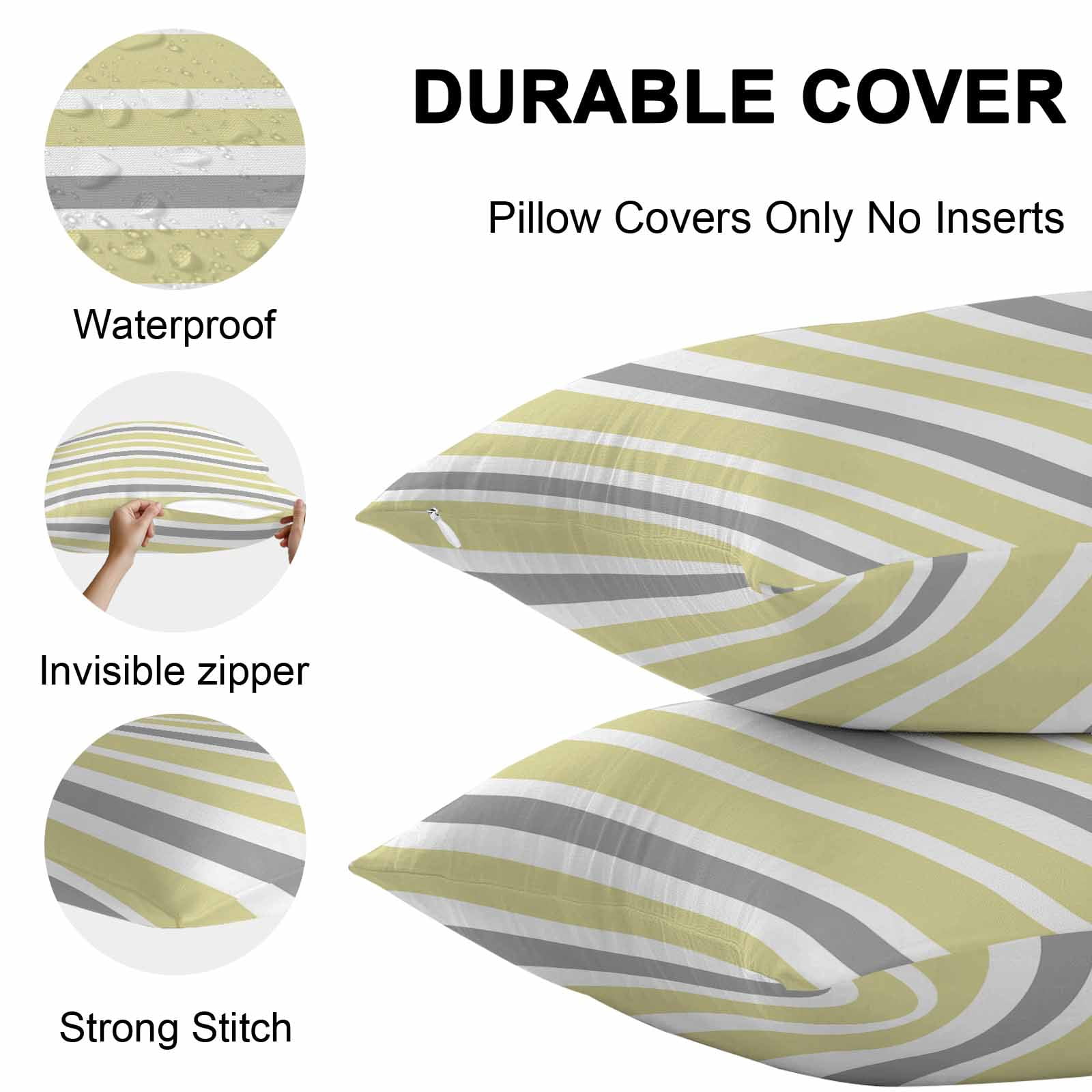 Outdoor Waterproof Throw Pillow Covers Set of 2 Yellow, Grey and White Stripes Decorative Pillowcases Outdoor Pillows Cushion Case 18x18 Inch Striped Pattern Patio Pillows for Couch Sofa Bed Garden