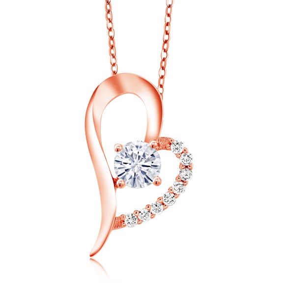 Gem Stone King 18K Rose Gold Plated Silver Round White Moissanite Pendant Necklace for Women (1.12 Cttw, with 18 inch Silver Chain)