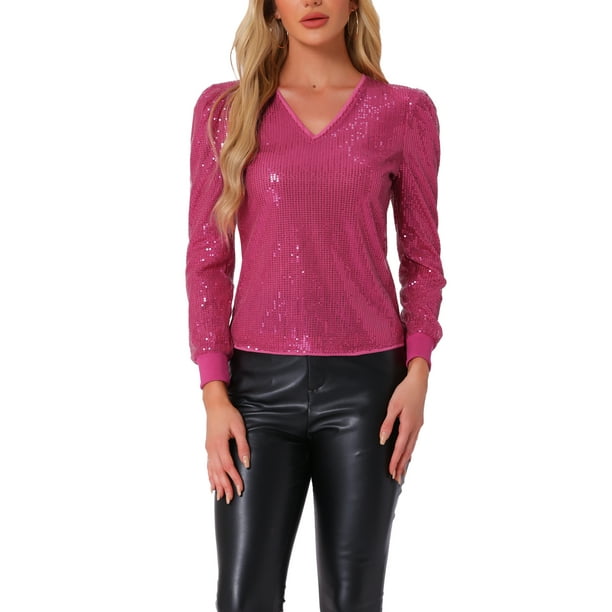 TOP DE LENTEJUELAS INSPIRADOR CHIC PARA MUJERES CON ESCOTE EN V, BLUSAS BRILLANTES XL COLOR ROSA FUERTE