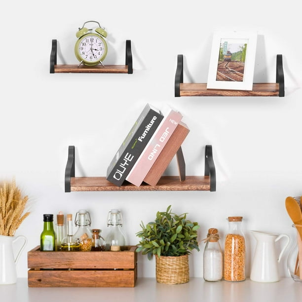 NEX Wall Shelves, Floating Shelves Set of 3, Paulownia Wood Board with Metal Rack Brackets Brown