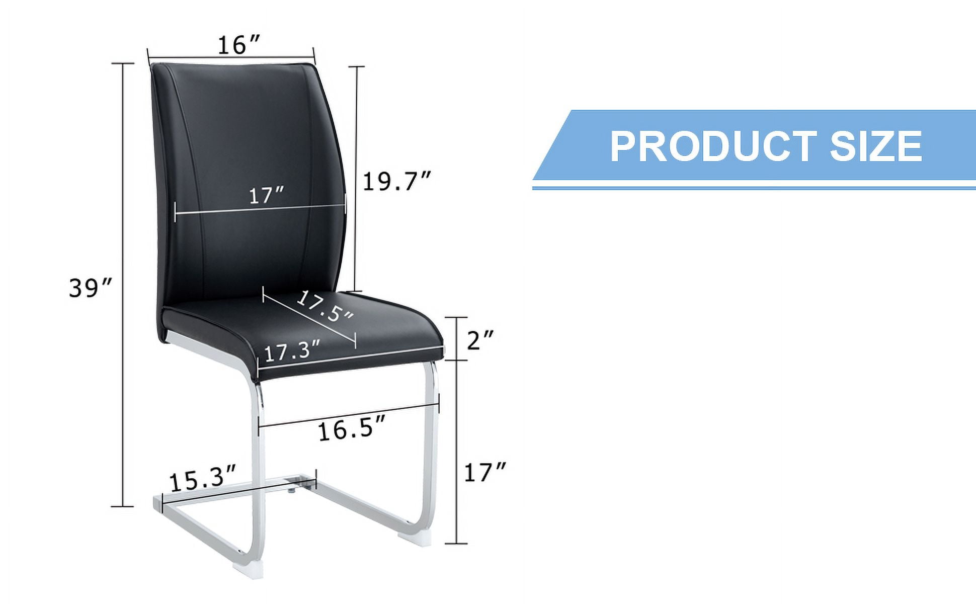 Luxury Simple Arch Chair - Set of 4 Black PU Material High Resilience Dining Chair with Arched Metal Silver Leg.