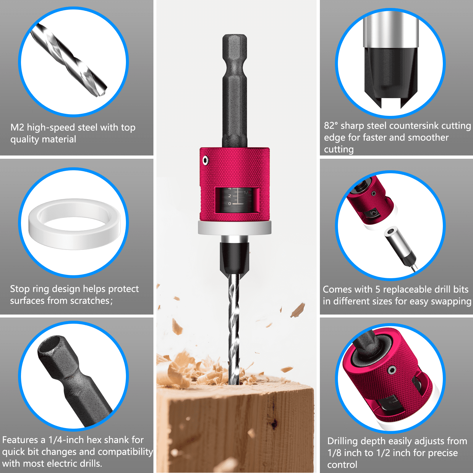 5Pcs Countersink Drill Bit Set with Adjustable Depth Stop, 1/4" Hex Shank Quick Change Drilling Tool Kit, 82° Woodworking Chamfer Bits for Wood, Plywood, MDF, Plastic