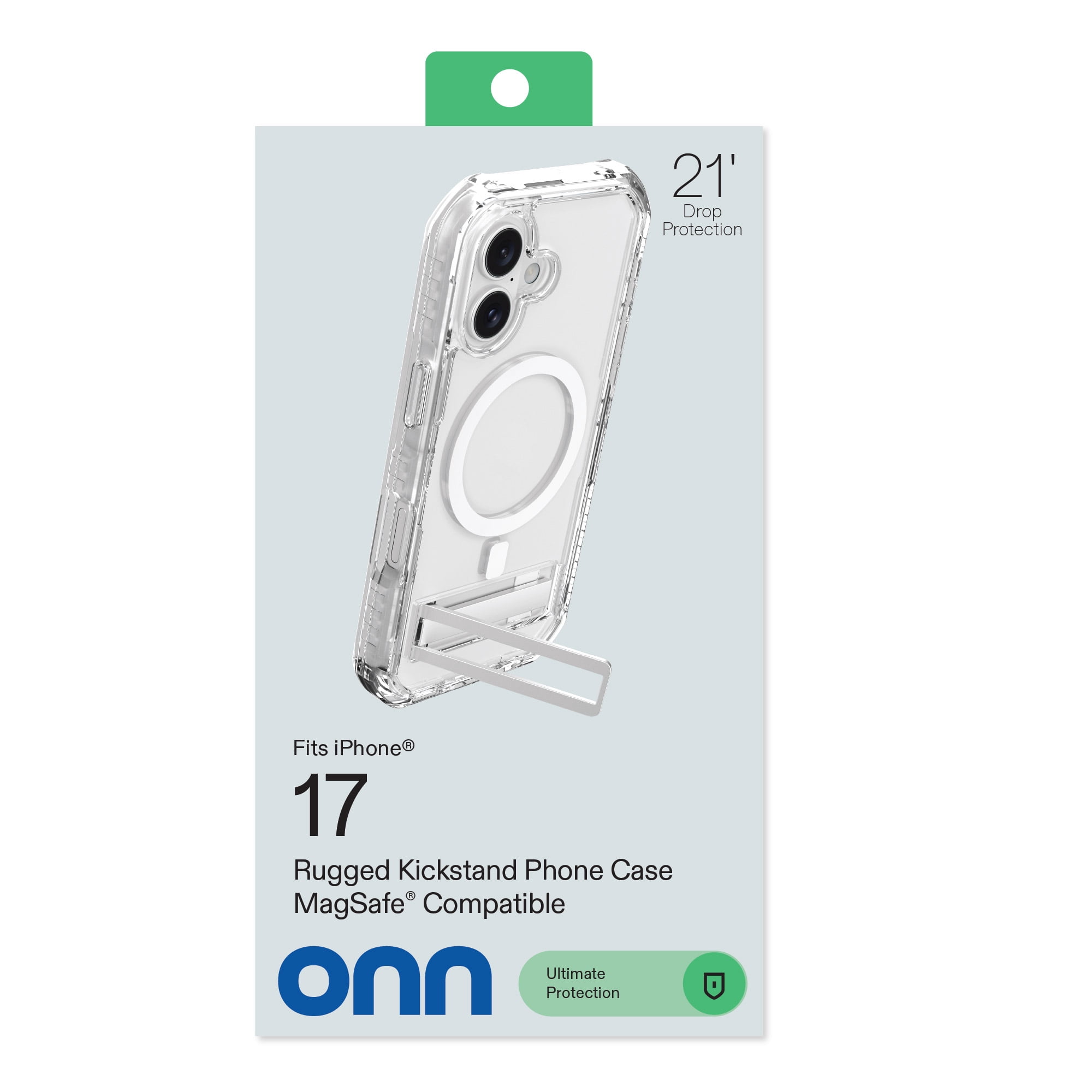 onn Rugged Phone Case with Kickstand for iPhone 17, MagSafe Compatible - Clear