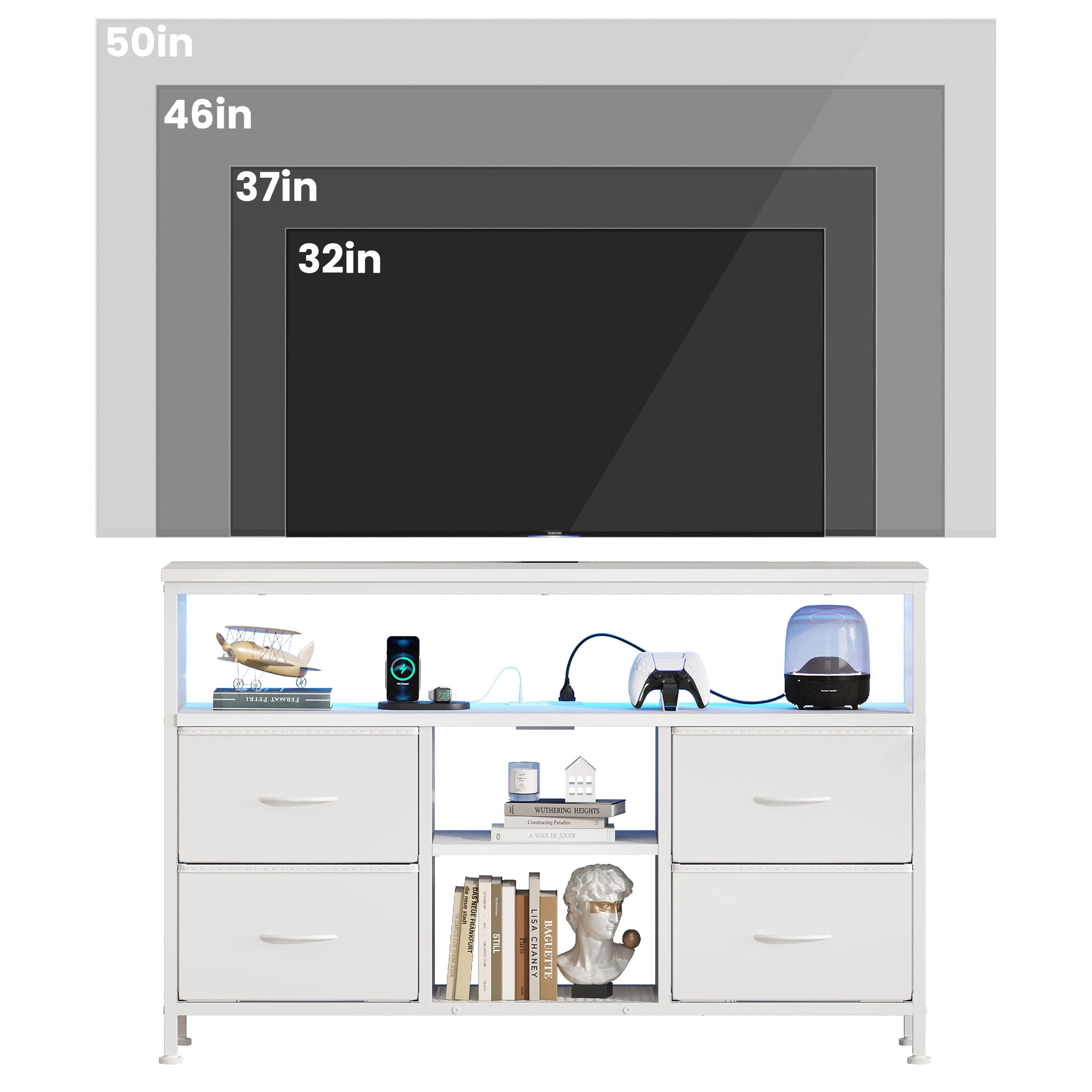 EDX TV Stand with Power Outlets and LED Light for 43-inch TV, Double-layer 4 Fabric Drawers for Living Room/Bedroom, White