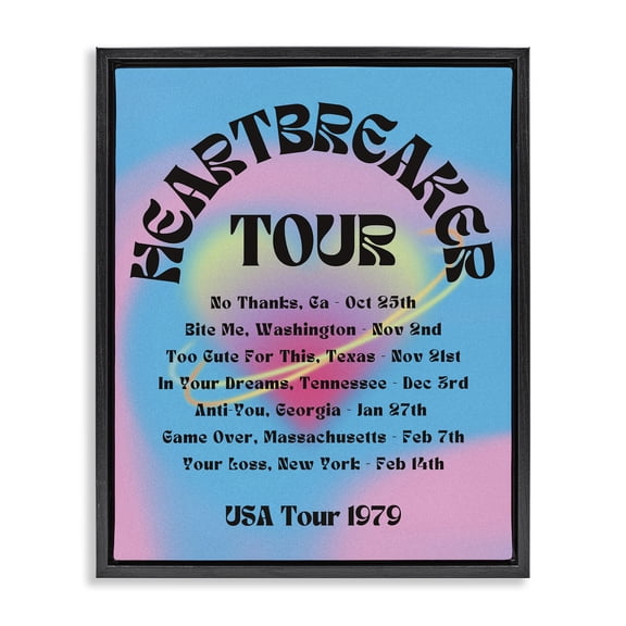 Stupell Industries Vintage Heartbreak Tour Typography Painting Black Floater Framed Canvas Art Print Wall Art, 17 x 21