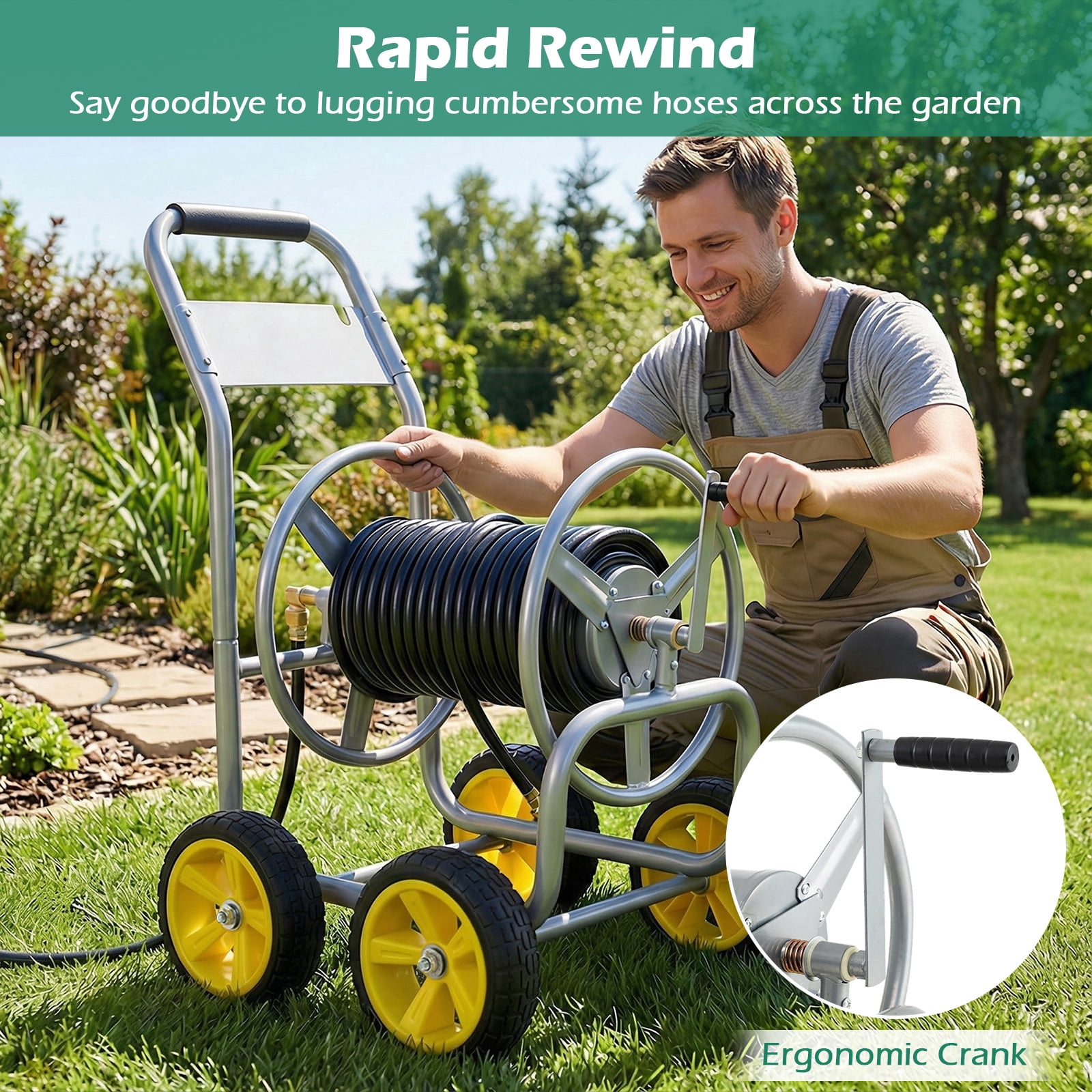 Costway Garden Hose Reel Cart 4 Wheels, 330 ft 5/8” Large Capacity for Outside Yard Lawn Silver
