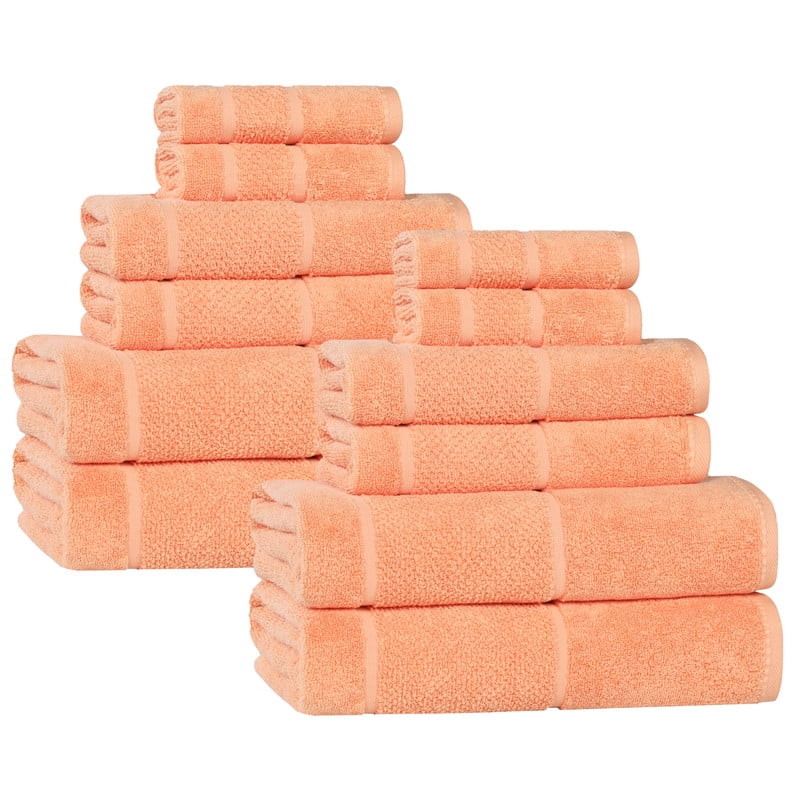 Superior Mile Smart Twist Cotton Medium Weight 12 Piece Towel Set, Ultra Absorbant Towels, Peach
