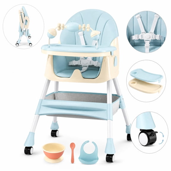 YUCHANG 4- in-1 Baby High Chair,Adjustable Convertible Infant Baby Feeding Chair Booster for Eating with Detachable Double Tray,5 Point Harness