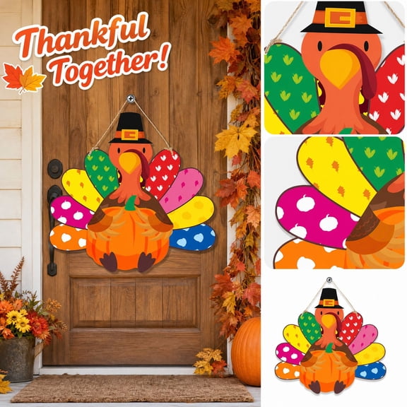 Thanksgiving Turkey Pumpkin Hanging Decoration, Printed Textile-Style Ornament with Colorful Tail Feathers and Pilgrim Hat for Door, Wall, Party, and Fall Home Displays