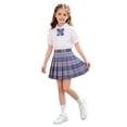 thumbnail image 2 of Kids Girls Preppy School Uniform 3-Piece Set Cotton Short Sleeve Blouse High Waist Purple Plaid Pleated Skirt with Bow Tie 3T,Size 12-13T, 2 of 6