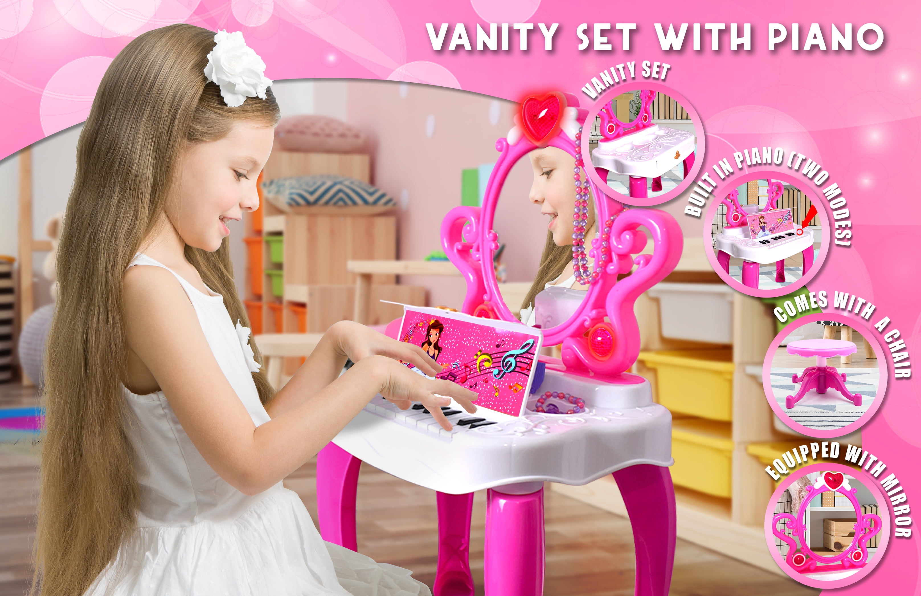 2-in-1 Musical Piano Vanity Set Girls Toy Makeup Accessories with Working... 