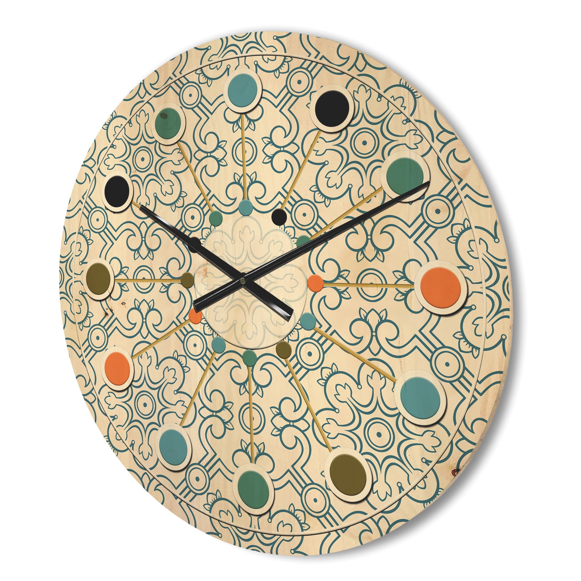 Designart 'Retro Pattern Over Floral V' Mid-Century Modern Wood Wall Clock