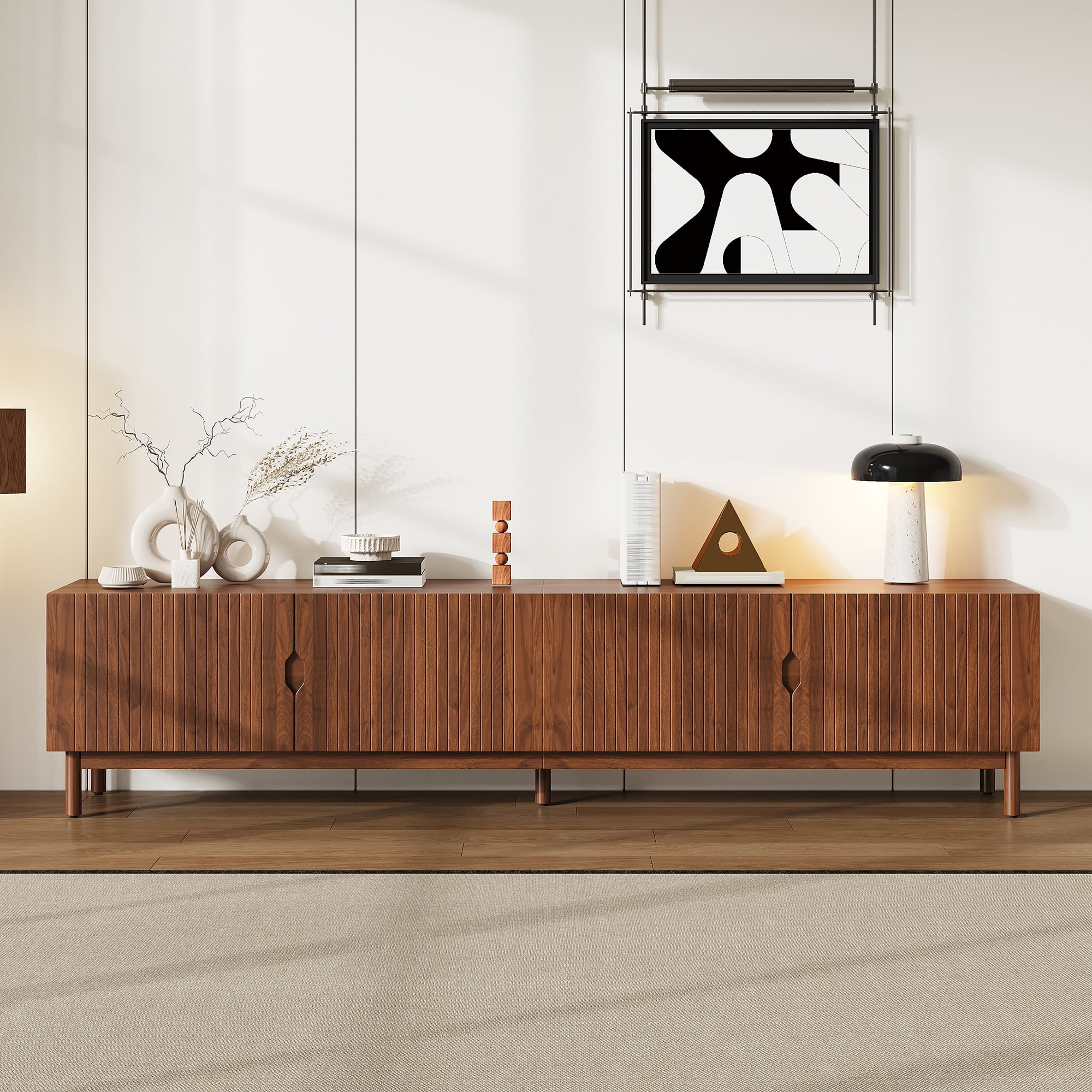 TV Stand for TVs up to 90 Inch, Entertainment Center with Vertical Groove Doors & 4 Cabinets, Media Console with Solid Wood Legs for Living Room