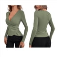 thumbnail image 3 of Camiseta de Larga Ajustada con Escote en V Profundo y Fruncido para Mujer Verde M, 3 of 5